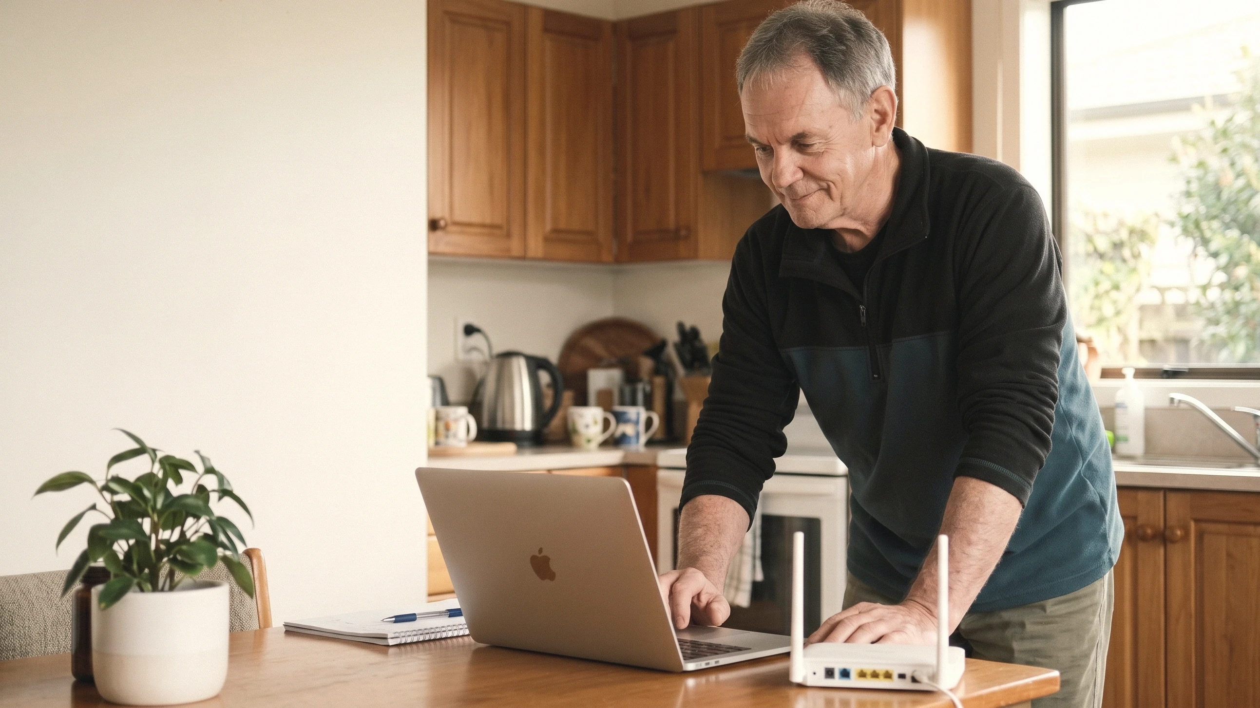 Glenn at a kitchen table in a Hawke's Bay home, calmly explaining a router setup to a homeowner.