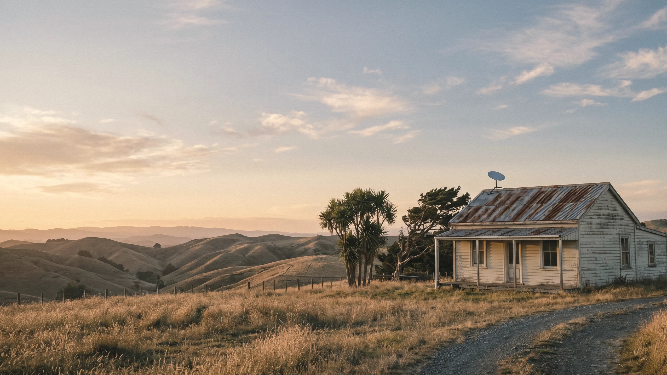 Golden-hour rural Hawke's Bay property near Hastings, with a Starlink dish on the roof.